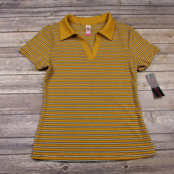 NOBO Gold Striped Pullover Juniors Small Collared V Neck Short Sleeve Top - Picture 1 of 5